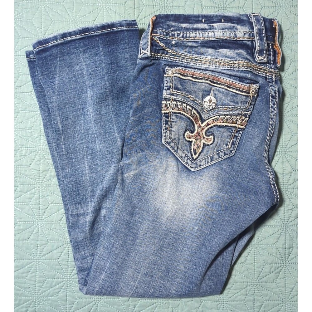 Rock Revival Felina Jeans Easy Crop Sz 28 Women’s Blue Distressed Embroidered - Picture 4 of 15